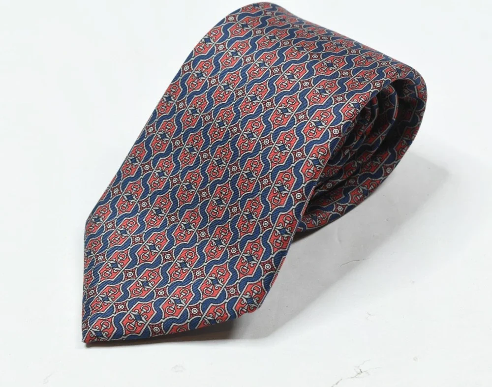 Vintage Christian Dior Neck Tie Mens Geometric Medallion Foulard Red Blue USA